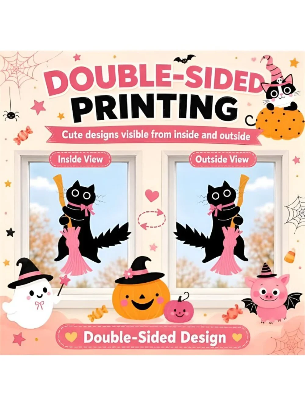 Pink Halloween Window Clings, Reusable Cute Cat Ghost, 8 Sheets